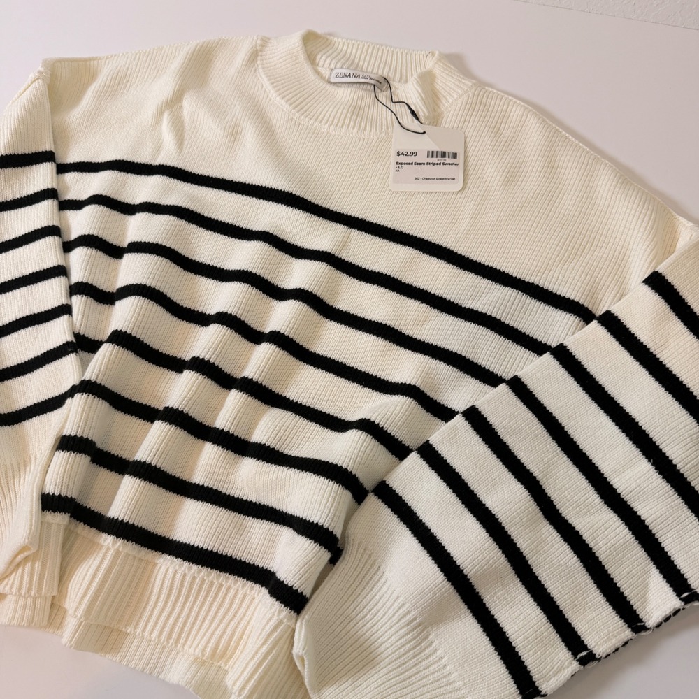 Zenana Exposed Seam Striped Sweater Cream Black L/XL